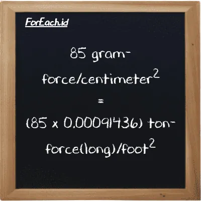How to convert gram-force/centimeter<sup>2</sup> to ton-force(long)/foot<sup>2</sup>: 85 gram-force/centimeter<sup>2</sup> (gf/cm<sup>2</sup>) is equivalent to 85 times 0.00091436 ton-force(long)/foot<sup>2</sup> (LT f/ft<sup>2</sup>)